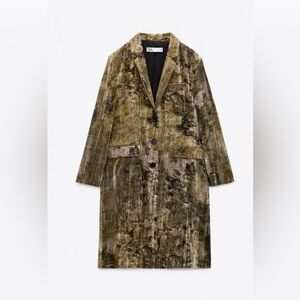 Zara Olive-Green Velvet Long Trench jacket pant set NWOT